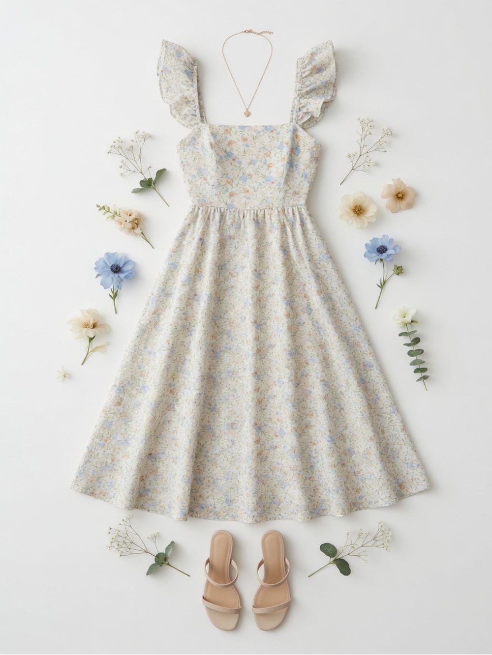 Floral Ruffle Strap Midi Dress